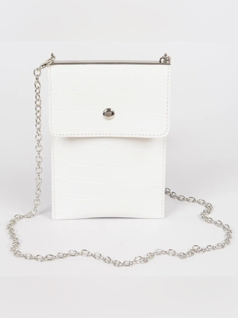 White Croc-Effect Mini Crossbody Bag with Silver Toned Chain
